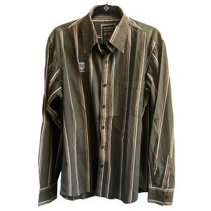 Size XXL, Blue Buddha Button Down Shirt, Black with blue, red & white stripes